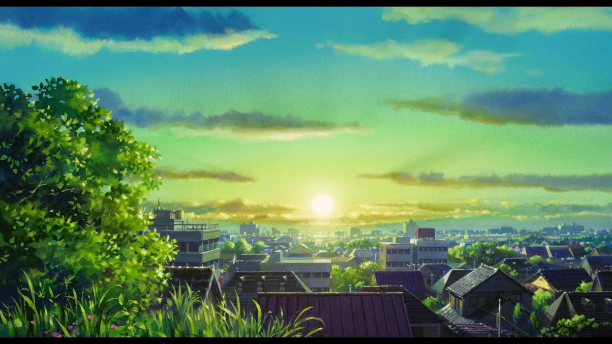Sun trees cityscapes anime Karigurashi no Arrietty The Secret