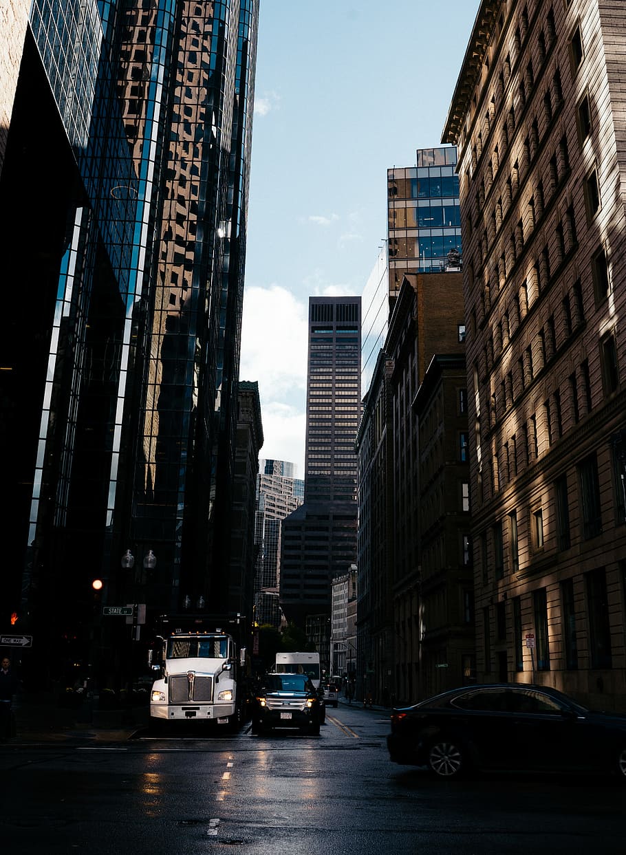 HD Wallpaper: Streets Between High Rise Buildings, Truck, Car