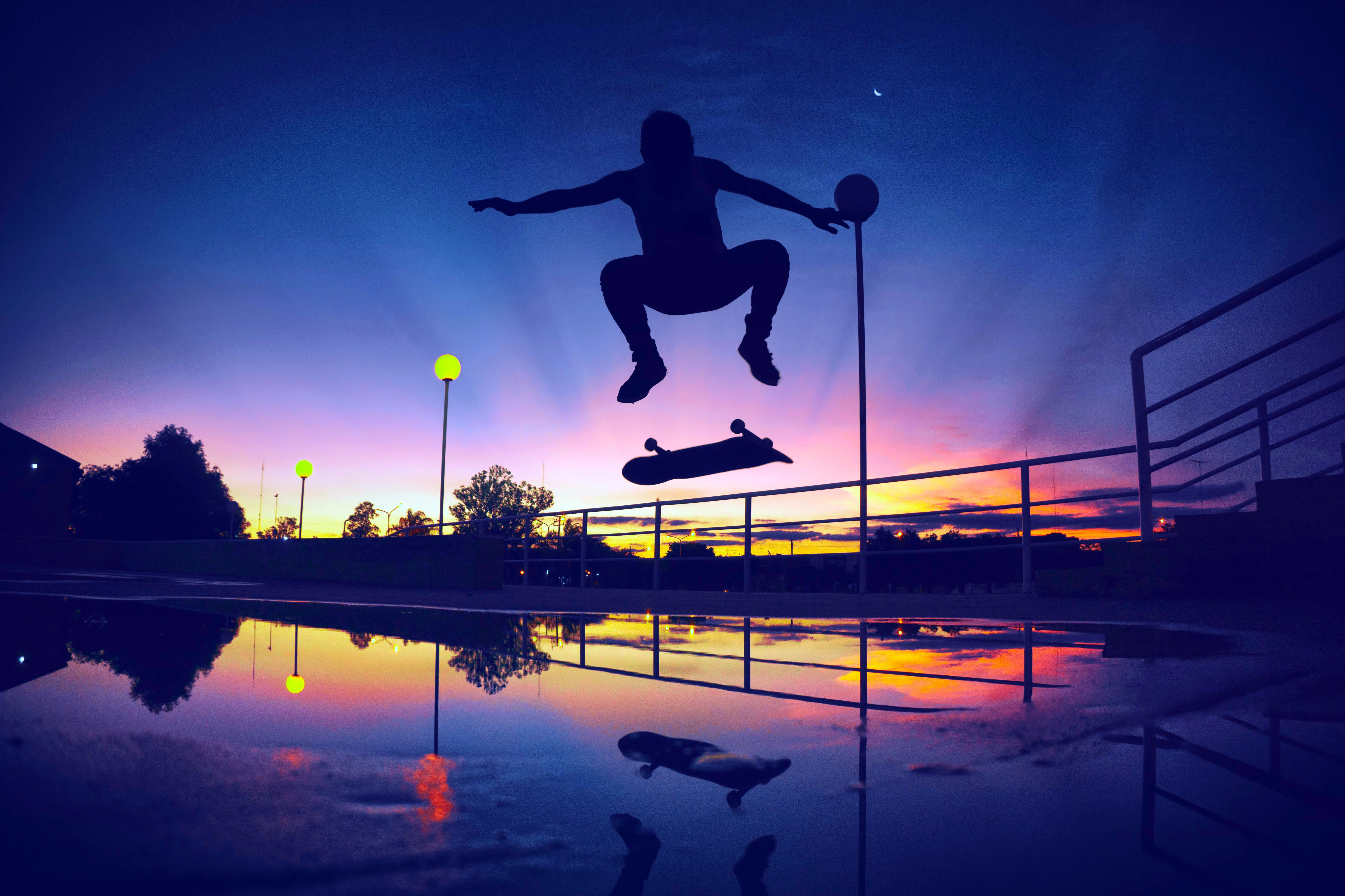 Wallpaper Skating, Silhouette, Sunset, Purple sky, 4K, 5K