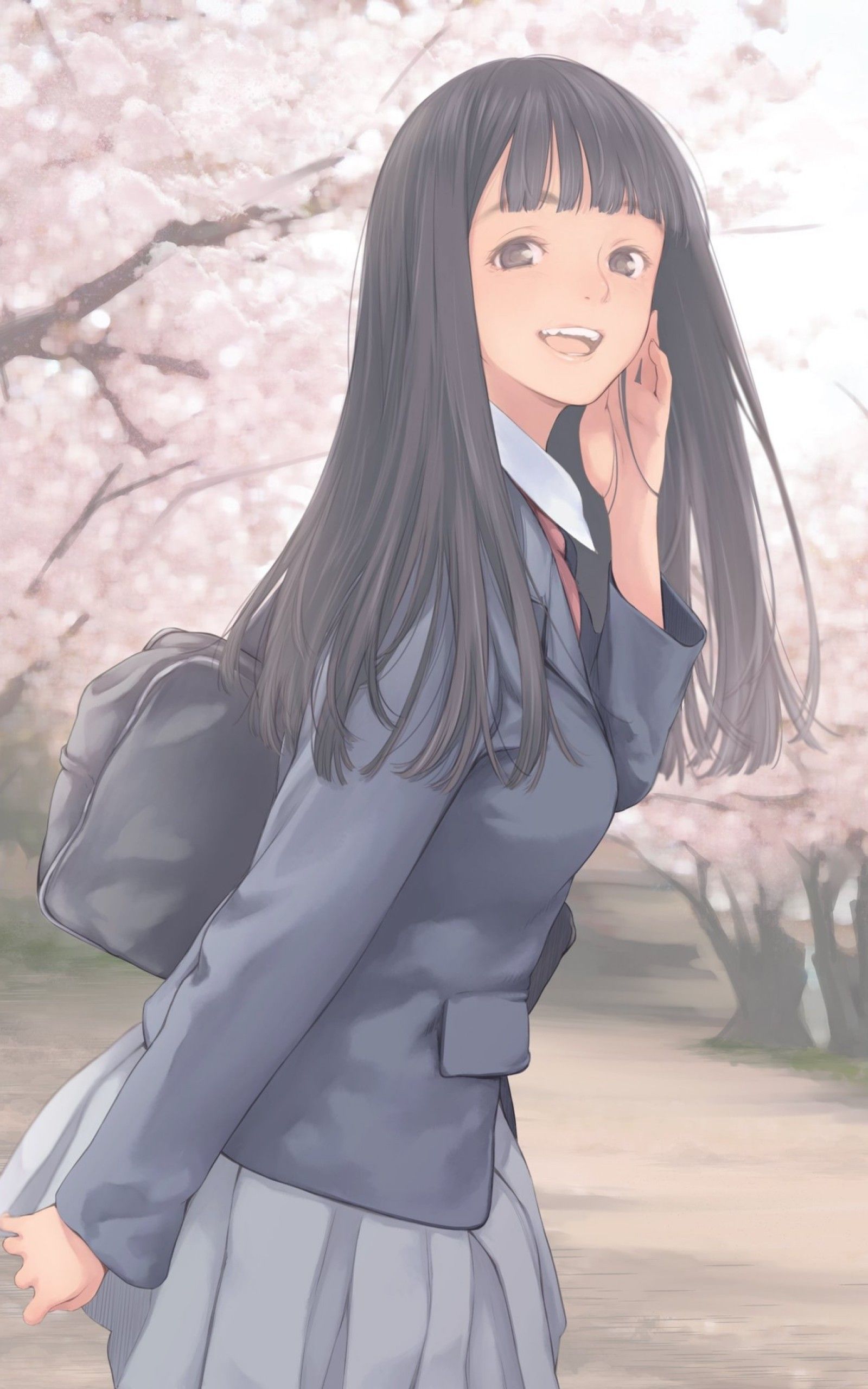 Download 1600x2560 Anime School Girl, Smiling, Long Hair, Uniform