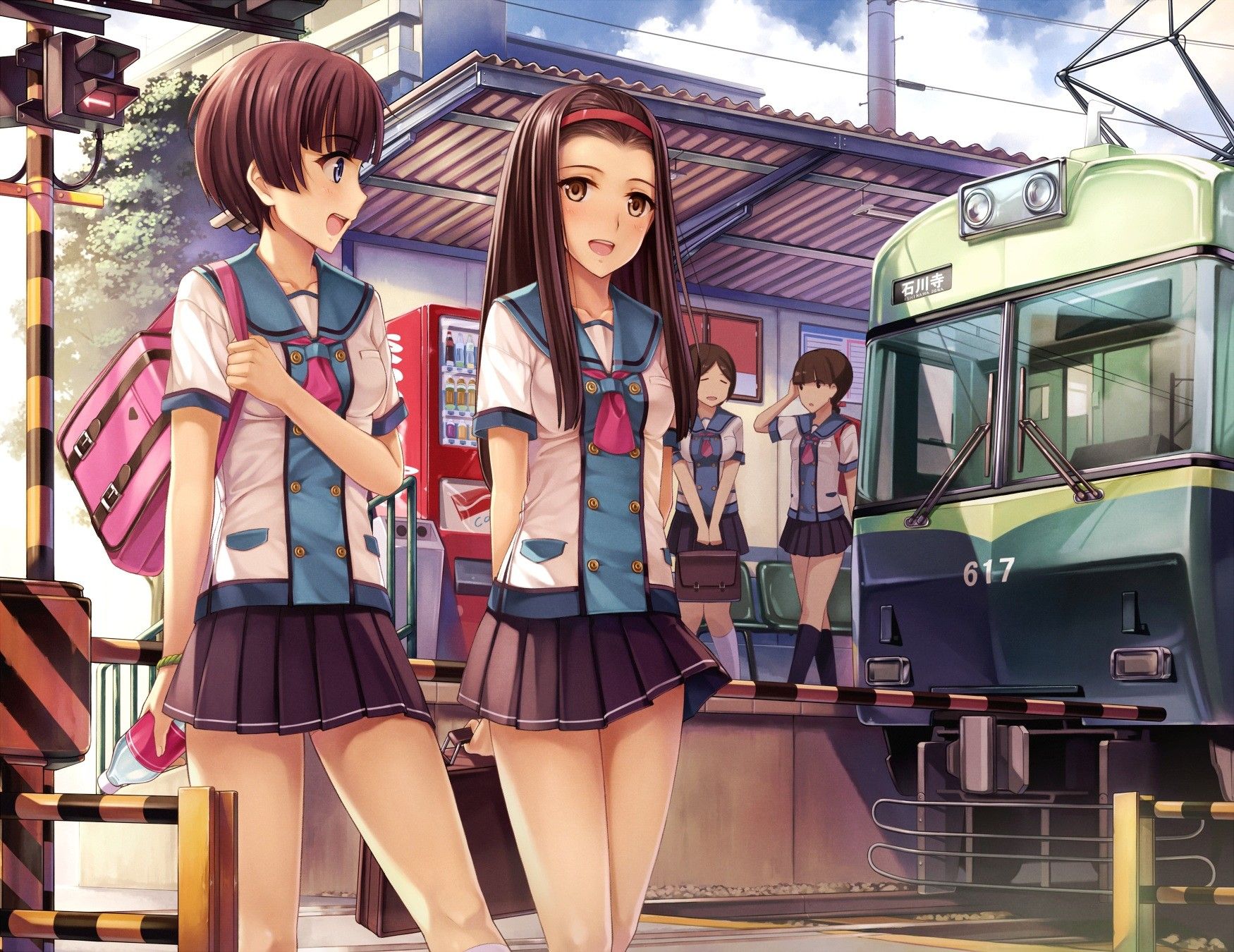 Anime Girls, School Uniform, Train, Railway Crossing wallpaper