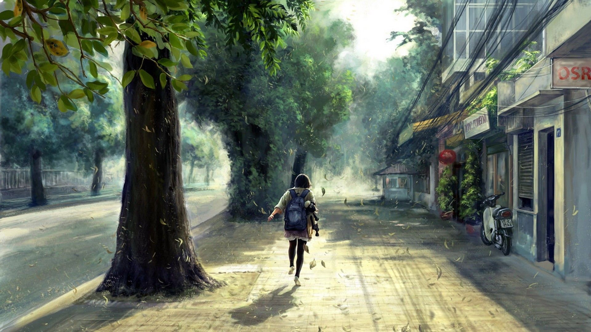 #city, #school uniform, #leaves, #concept art, #stores, #artwork, #backpacks, #spring, #painting, #sunlight, #street, #building, #anime, #digital art, #trees, #anime girls, wallpaper Gallery HD Wallpaper