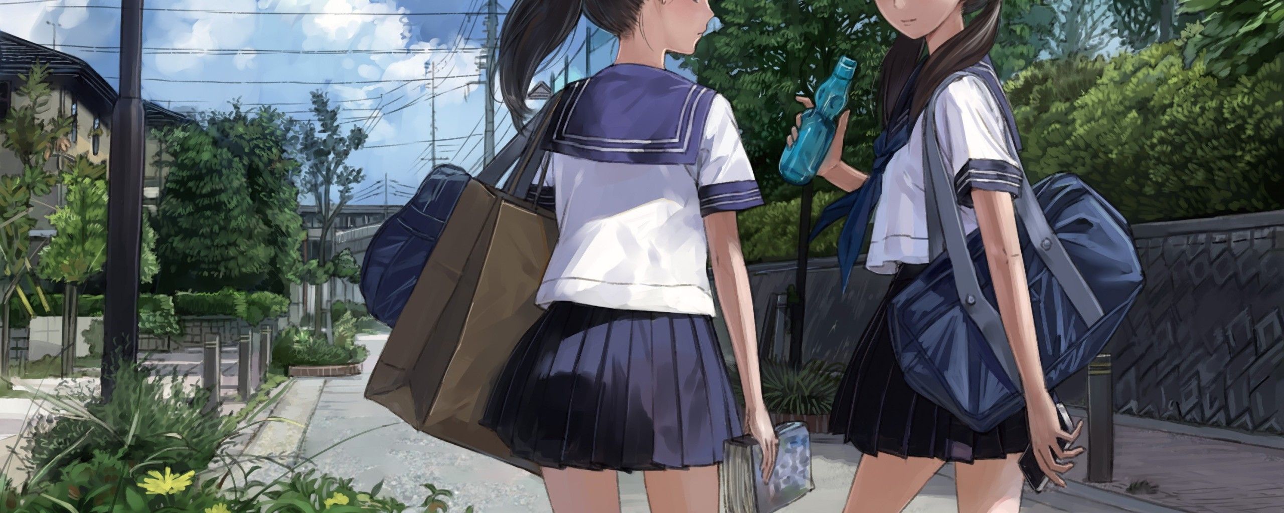 Anime Girl Going School In Uniform 2560x1024 Resolution