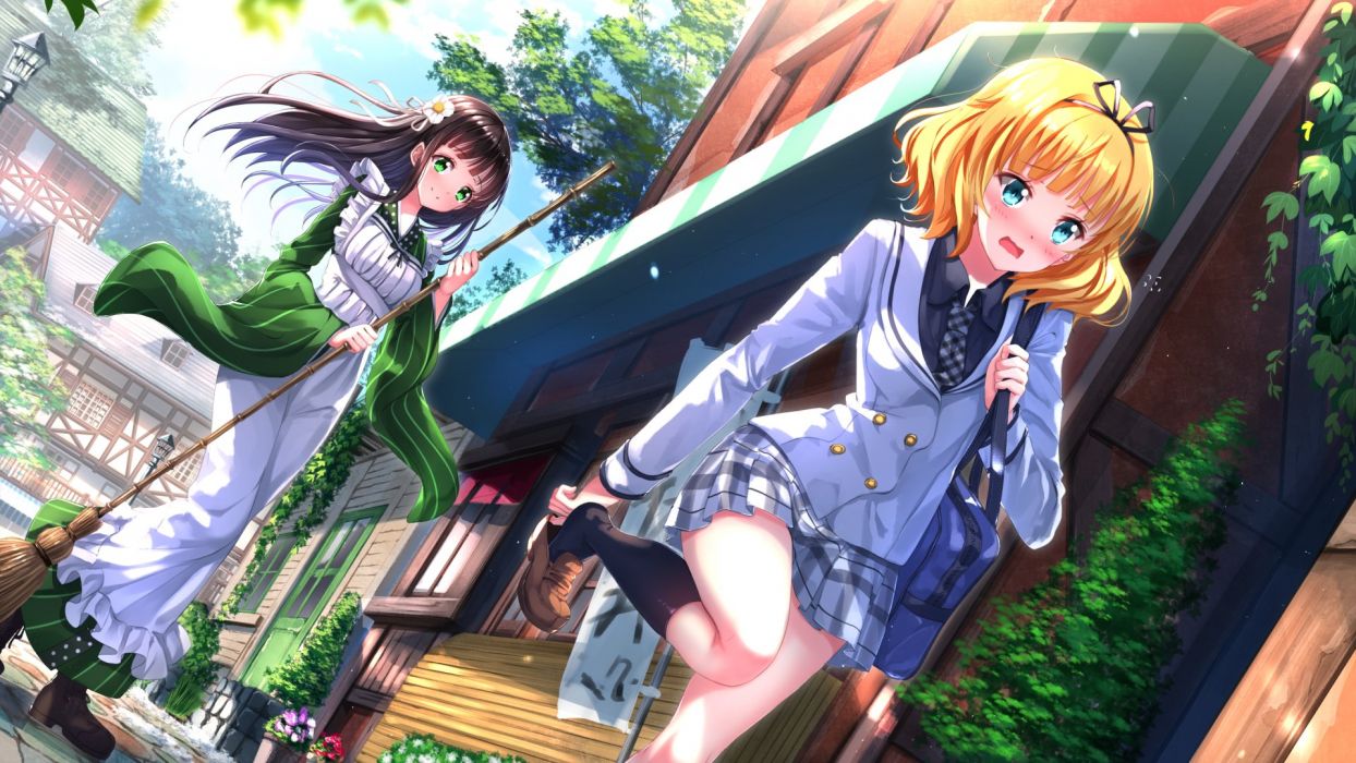 Anime girl apron black hair blonde hair blue eyes blush boots