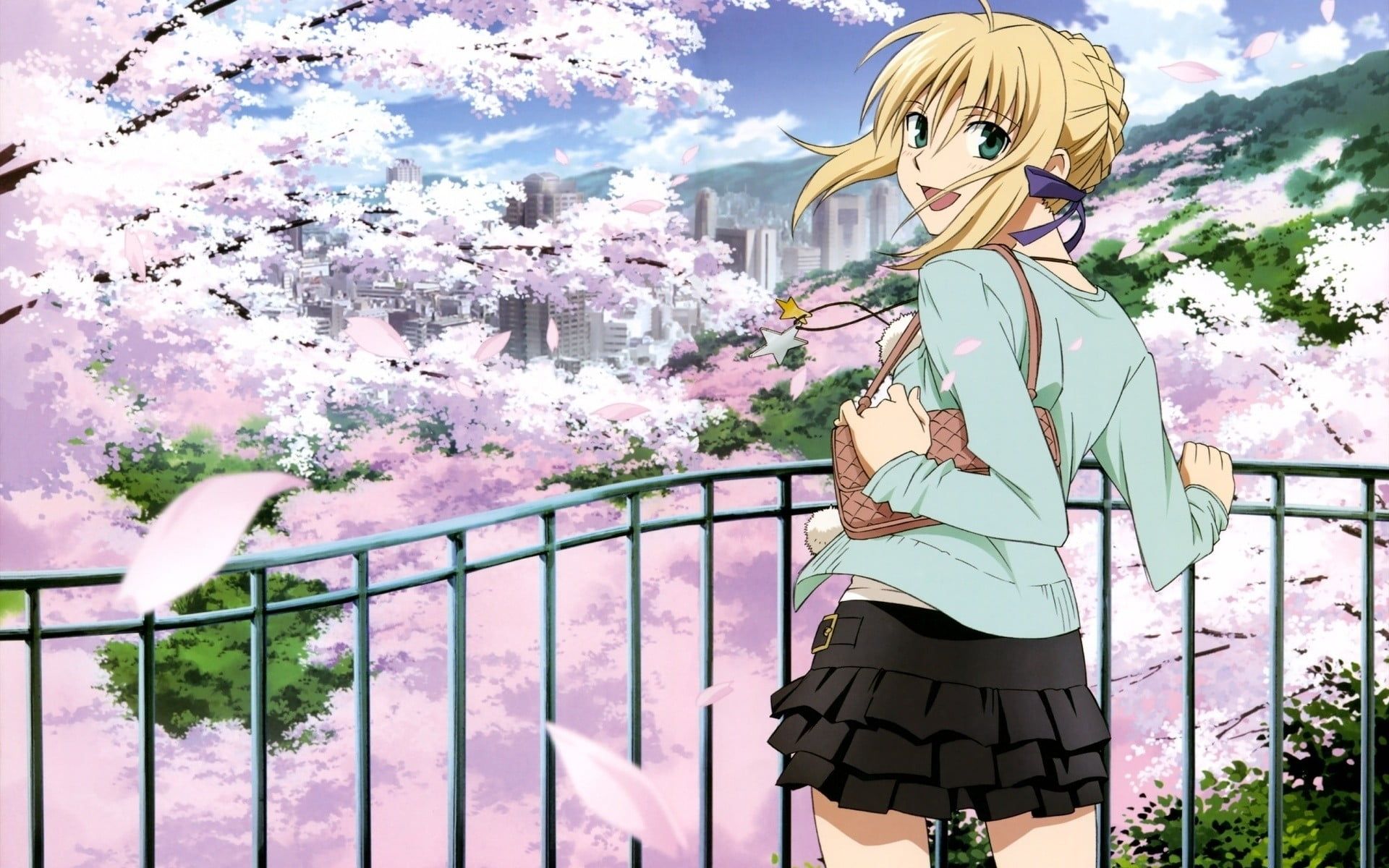 Female anime character holding bag near Cherry Blossoms HD