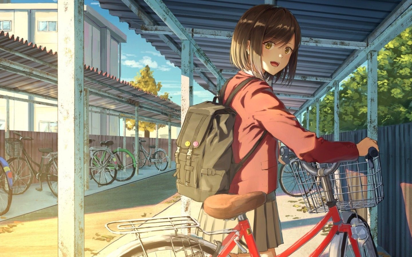 Download 1440x900 Anime Girl, School Uniform, Bicycle, Back Bag