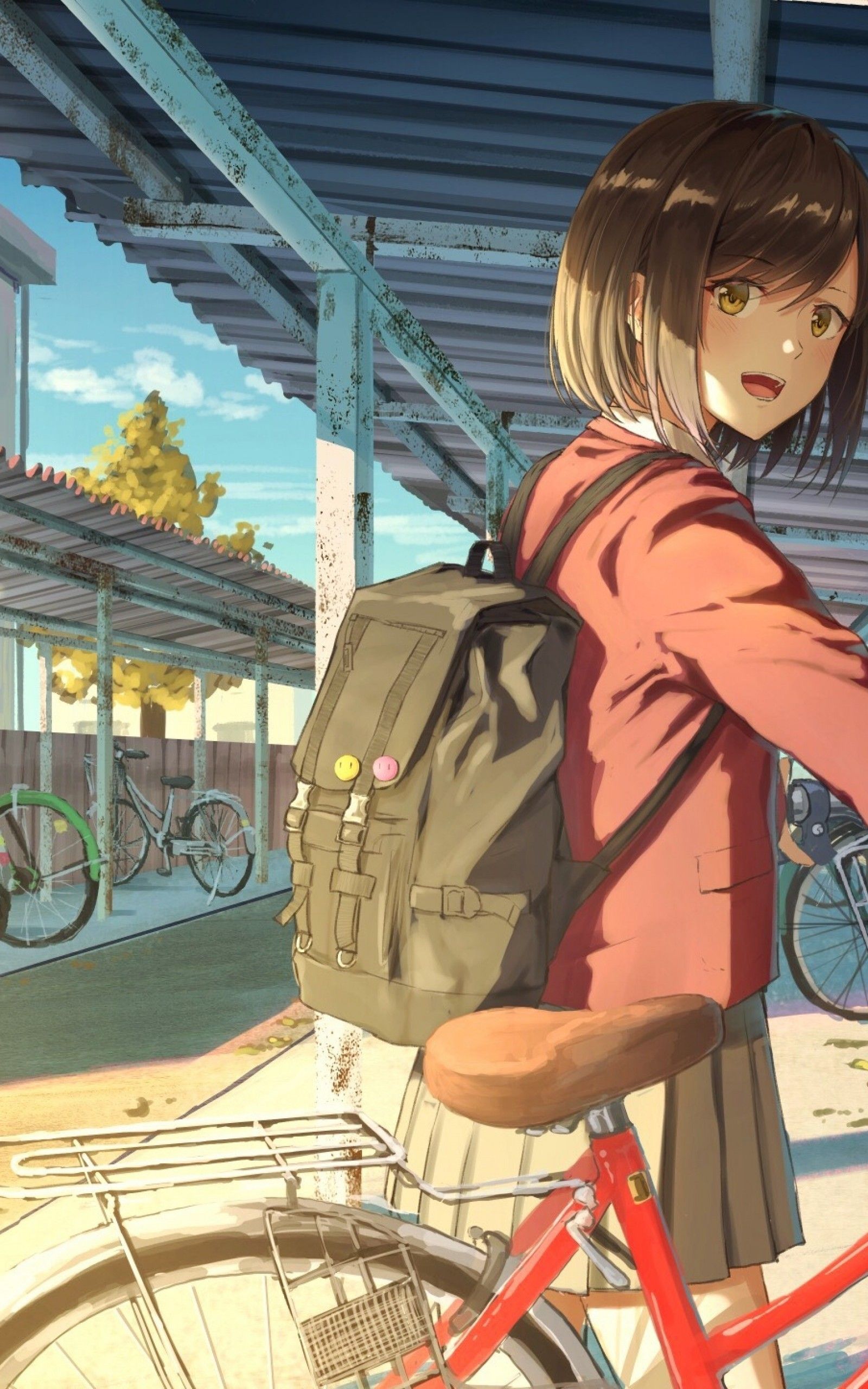 Download 1600x2560 Anime Girl, School Uniform, Bicycle, Back Bag