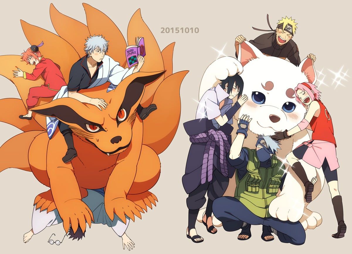 Gintoki with Kurama, Naruto, Sakura, Kakashi, and Sasuke