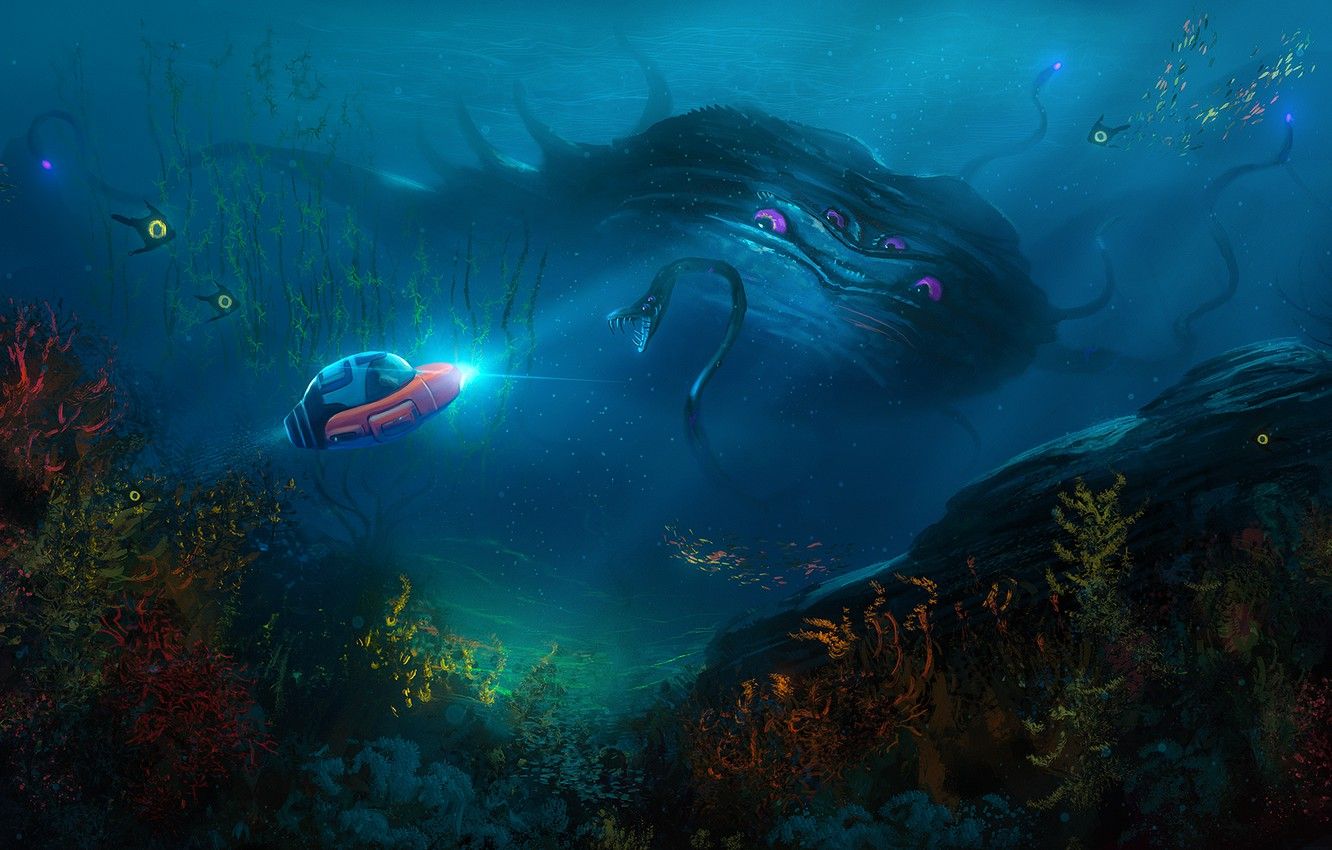 Wallpaper eyes, the ocean, snake, being, bathyscaphe, Subnautica