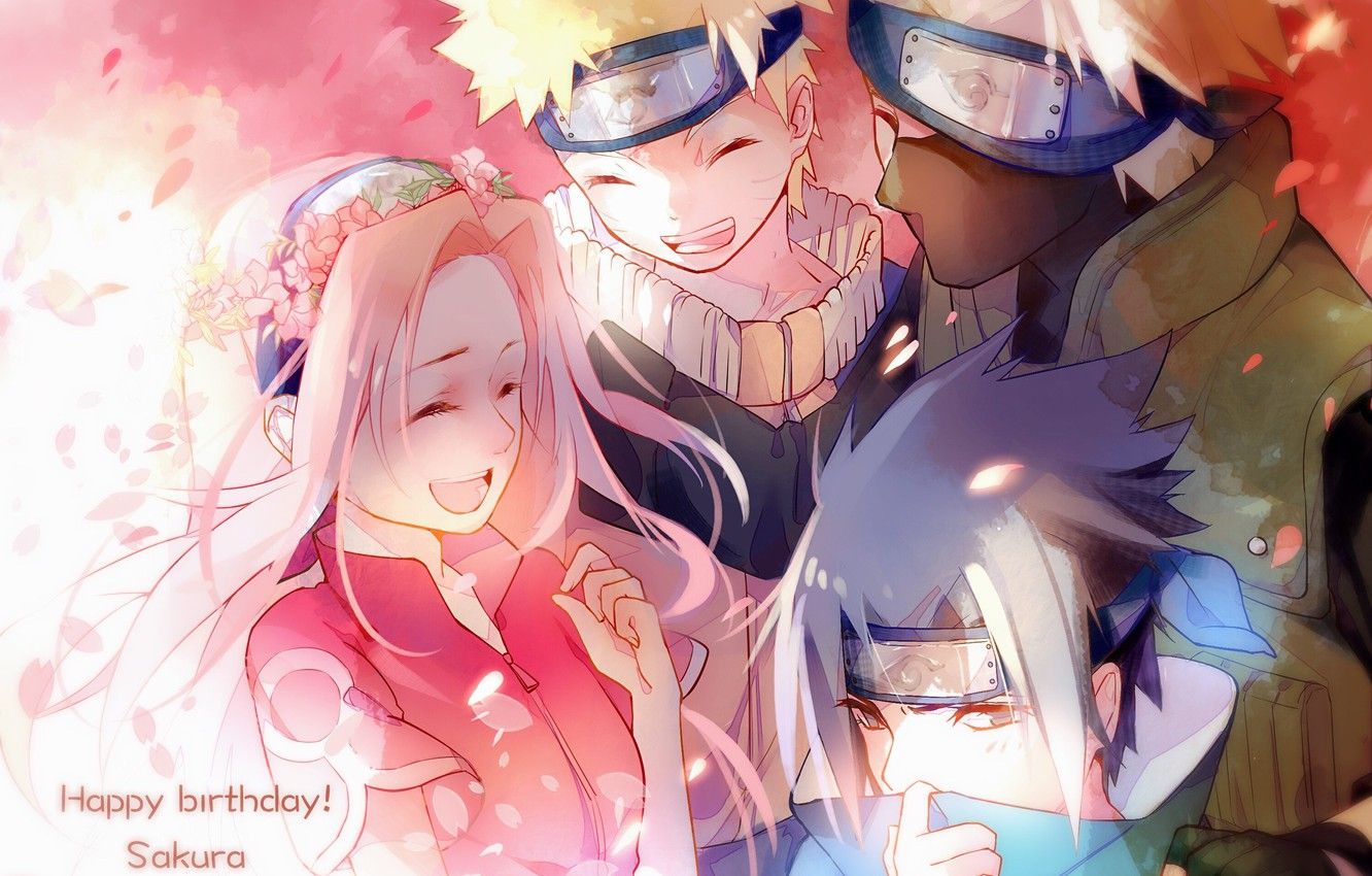 Wallpaper team, Naruto, friends, wreath, smile, ninja, pink hair, Sasuke Uchiha, Sakura Haruno, Naruto Uzumaki, Hatake Kakashi, Naruto Uzumaki, bandage on forehead, the emblem of Konoha image for desktop, section сёнэн