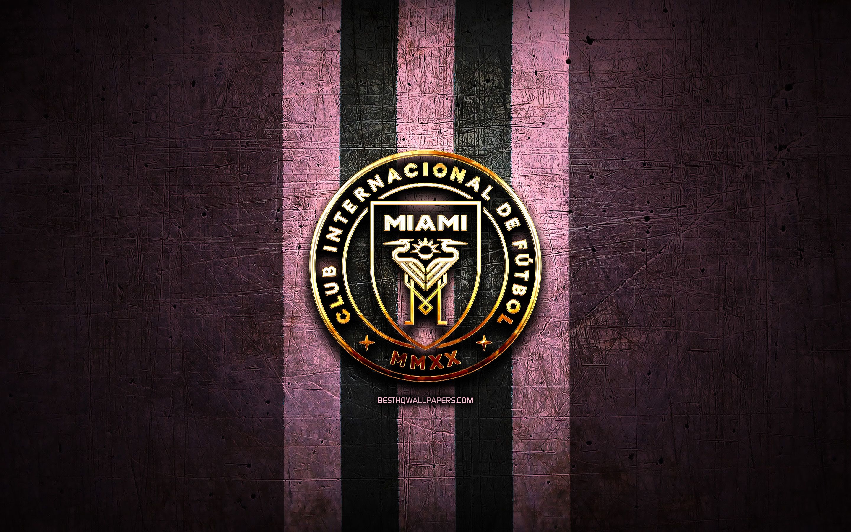 Download wallpaper Inter Miami FC, golden logo, MLS, purple metal