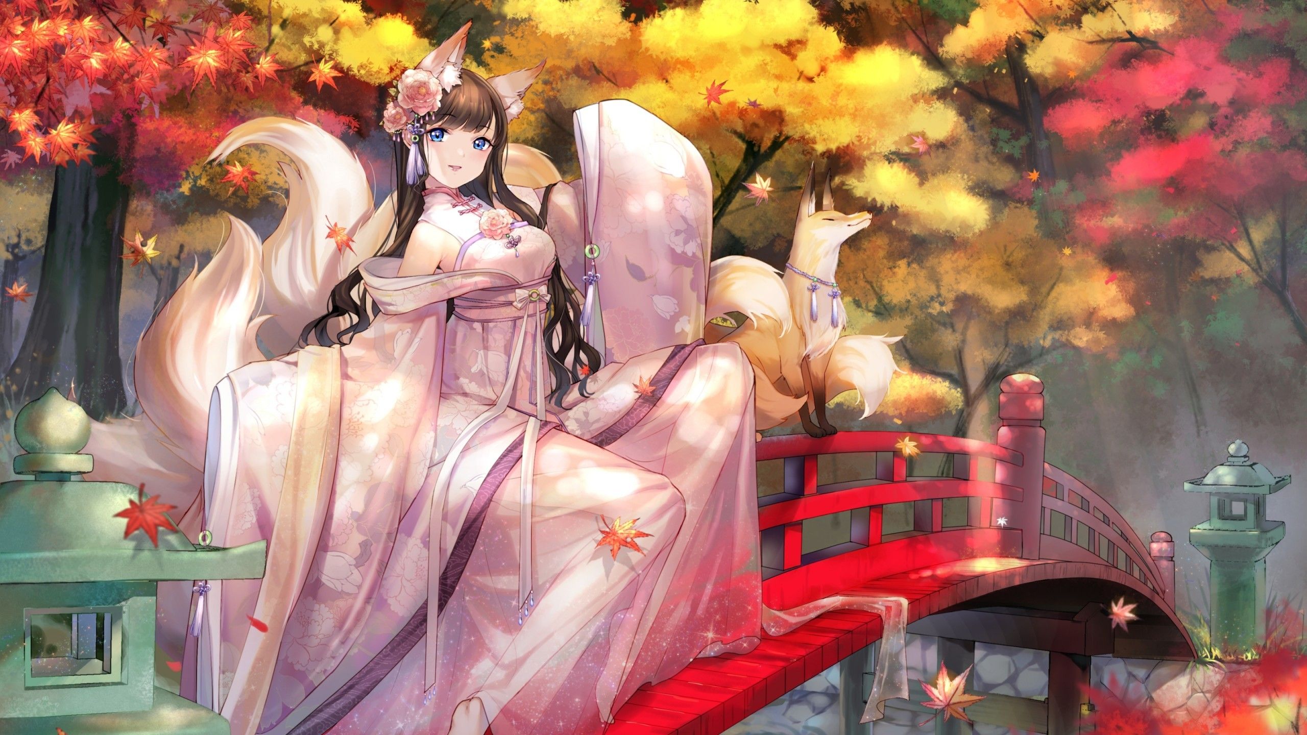 Download 2560x1440 Anime Girl, Fox, Traditional Clothes, Nine Tail, Animal Ears, Blue Eyes, Autumn Wallpaper for iMac 27 inch