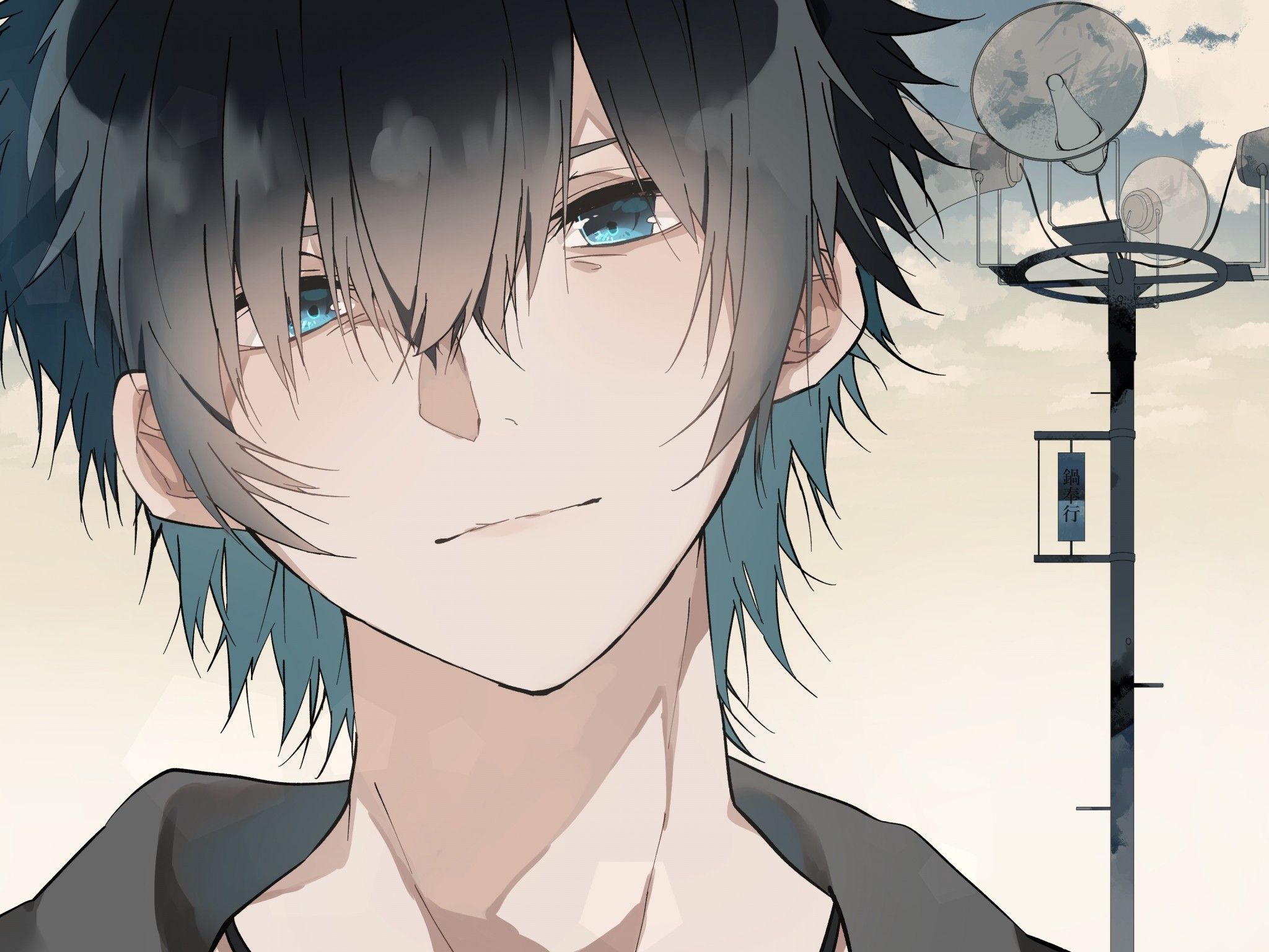 Download 2048x1536 Anime Boy, Pole, Blue Eyes, Close Up, Clouds