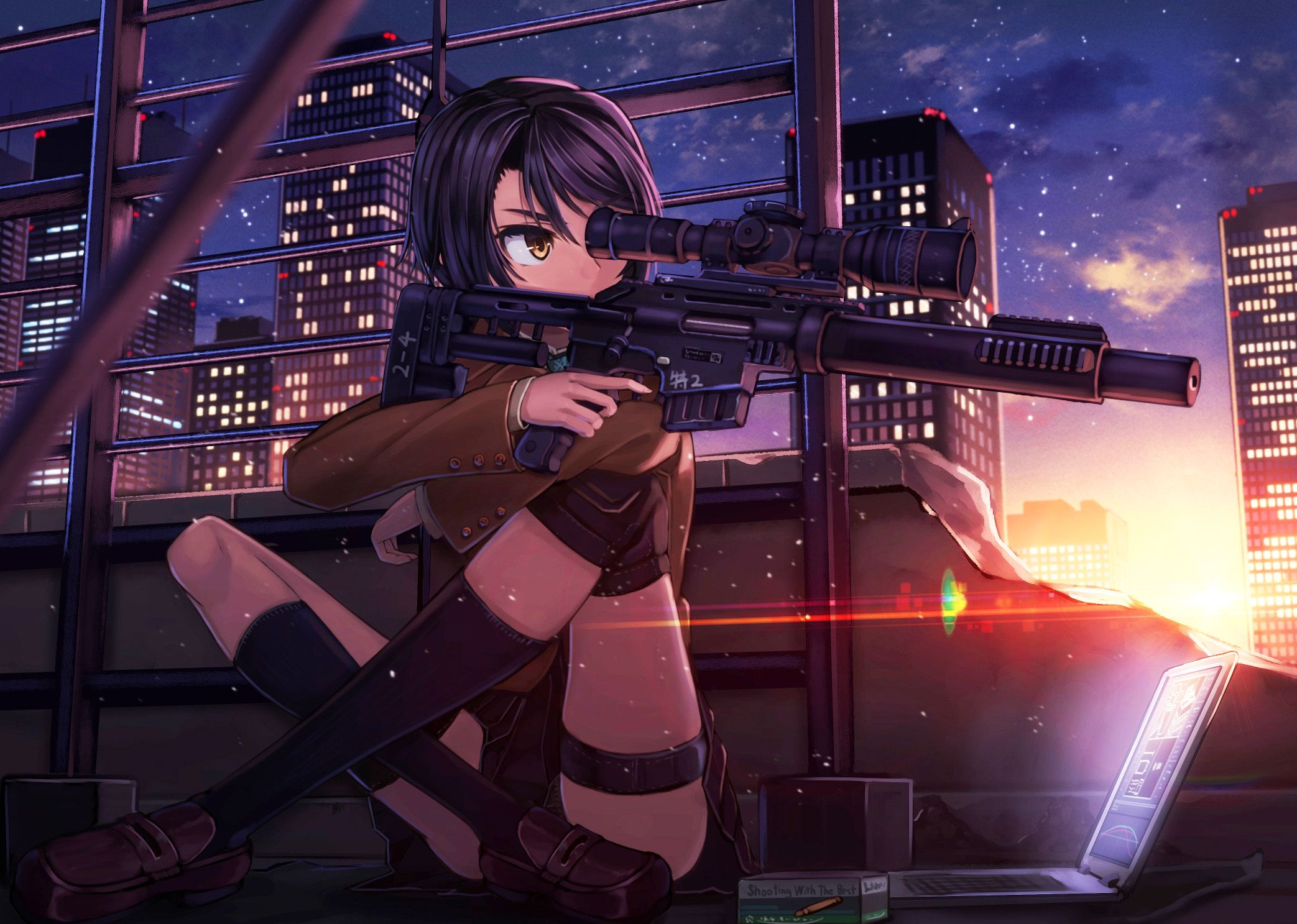 #dusk, #Girl With Weapon, #anime girls, #city, #sniper rifle, #anime, #skyscraper, wallpaper. Mocah.org HD Desktop Wallpaper