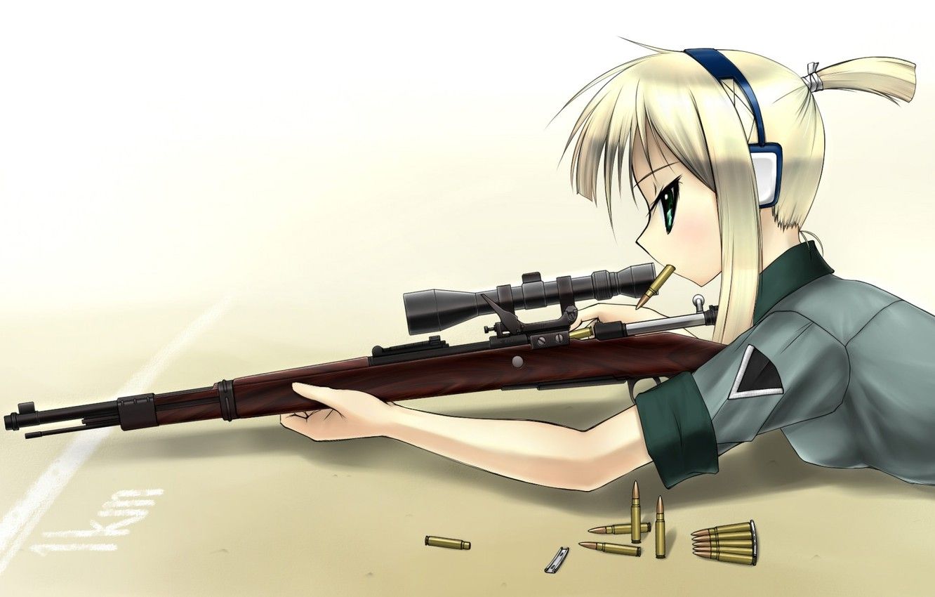 Wallpaper Girl, blonde, Anime, sniper, cartridges, rifle image