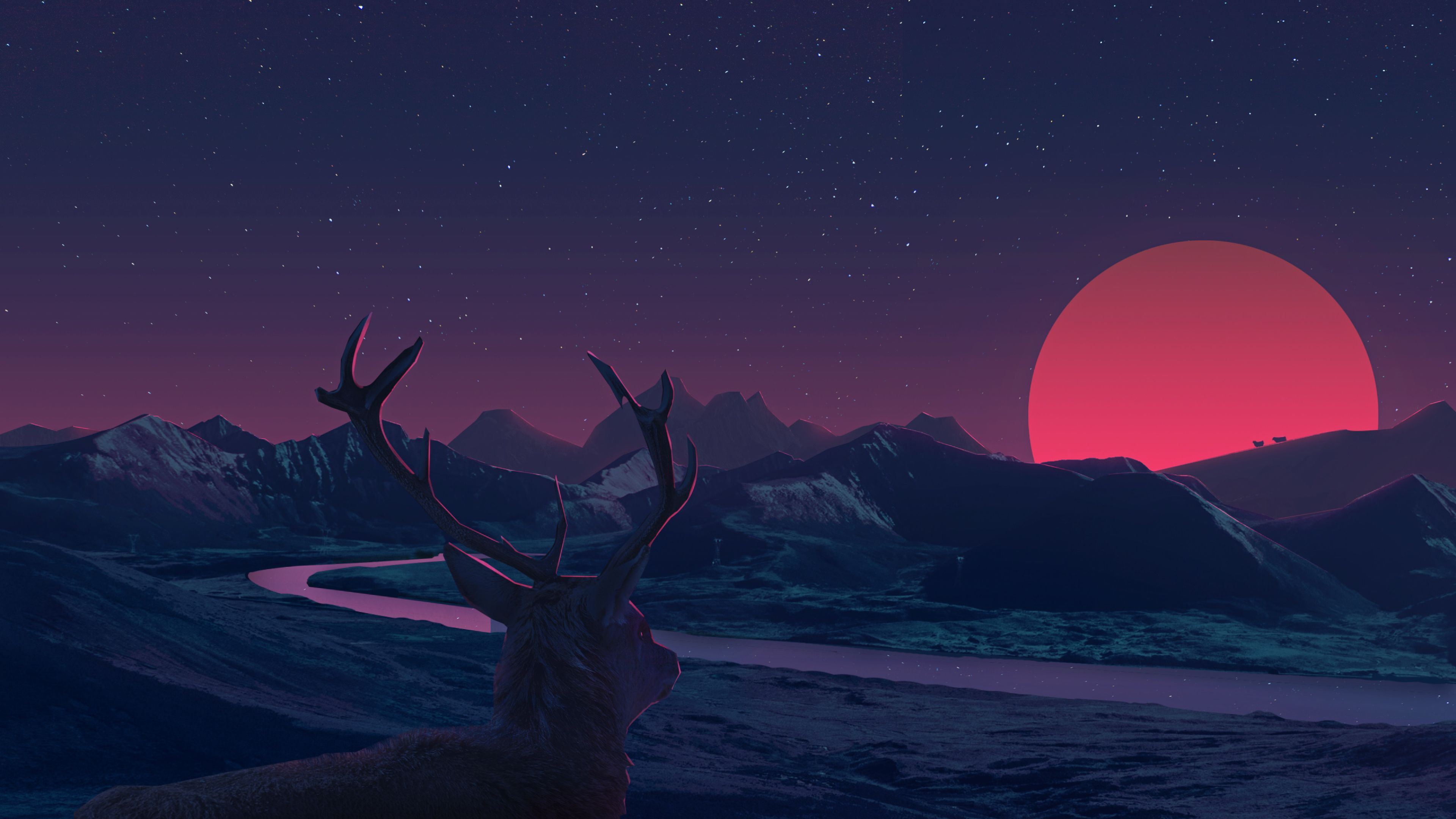 Deer Staring At Sunset Anime 4K Wallpaper, HD Fantasy 4K