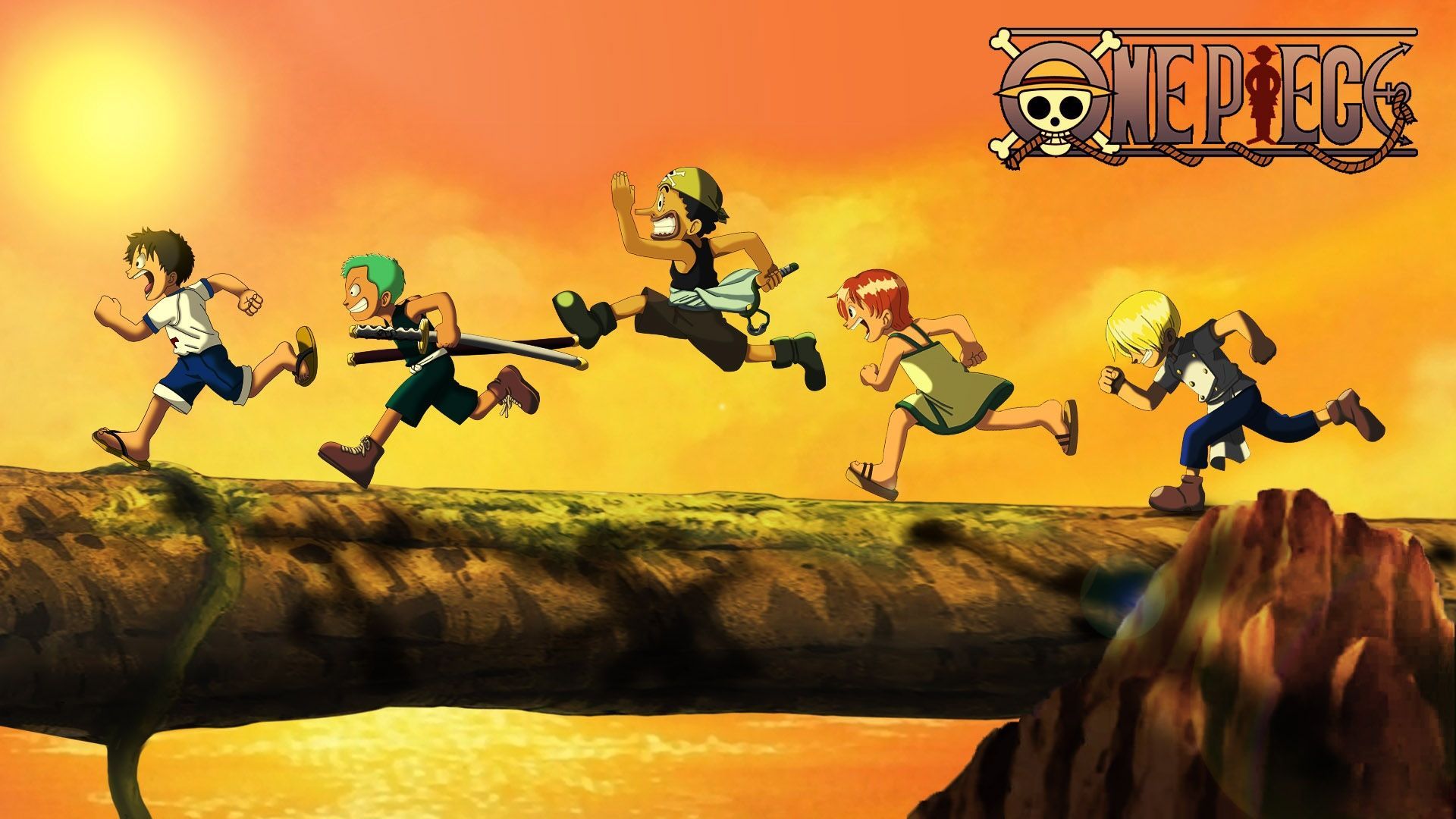 One Piece Kid Luffy, Zoro, Usopp, Nami and Sanji Wallpaper. 海賊