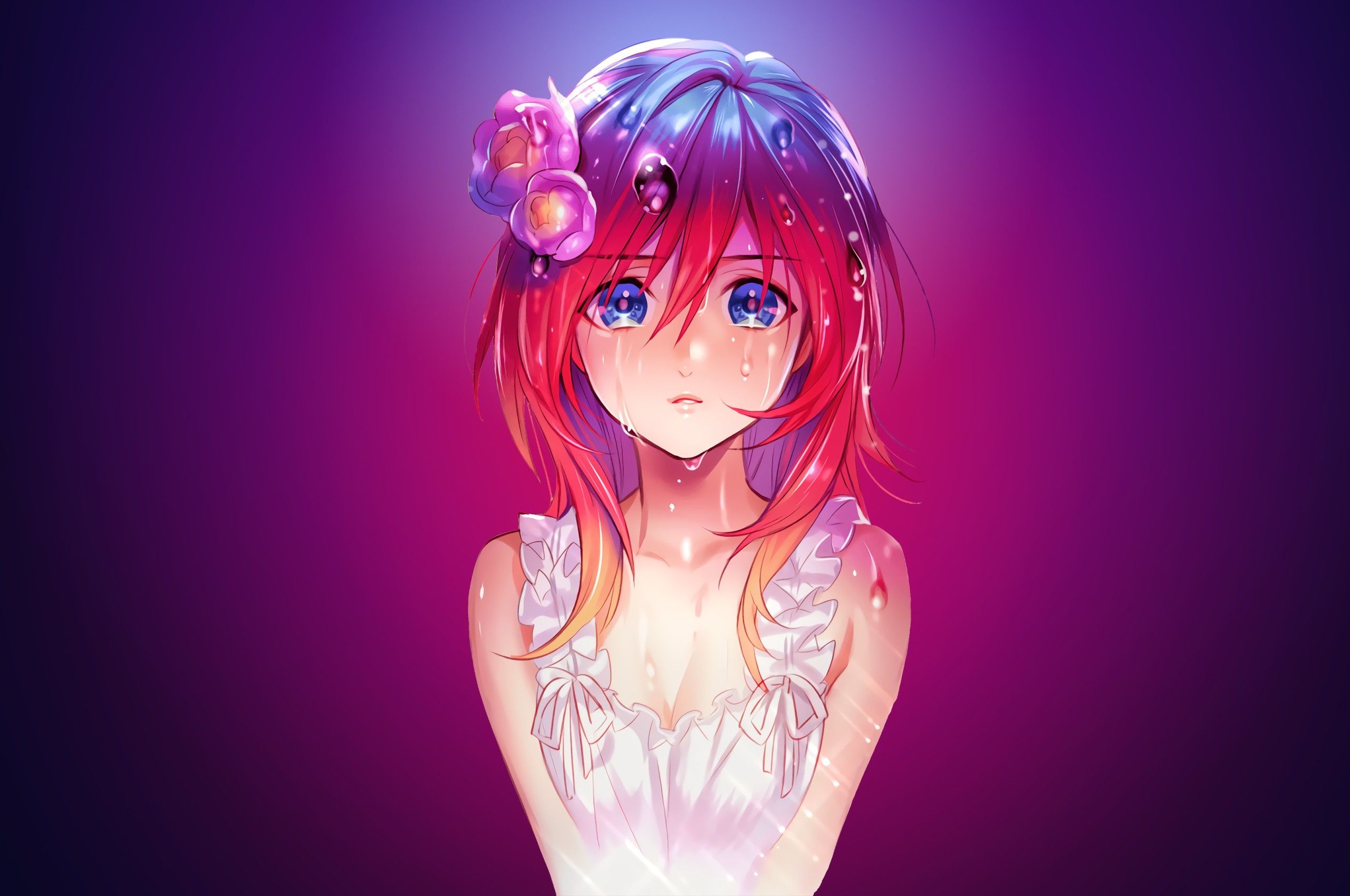 Anime Girl Water Drops Red Head Blue Eyes Chromebook