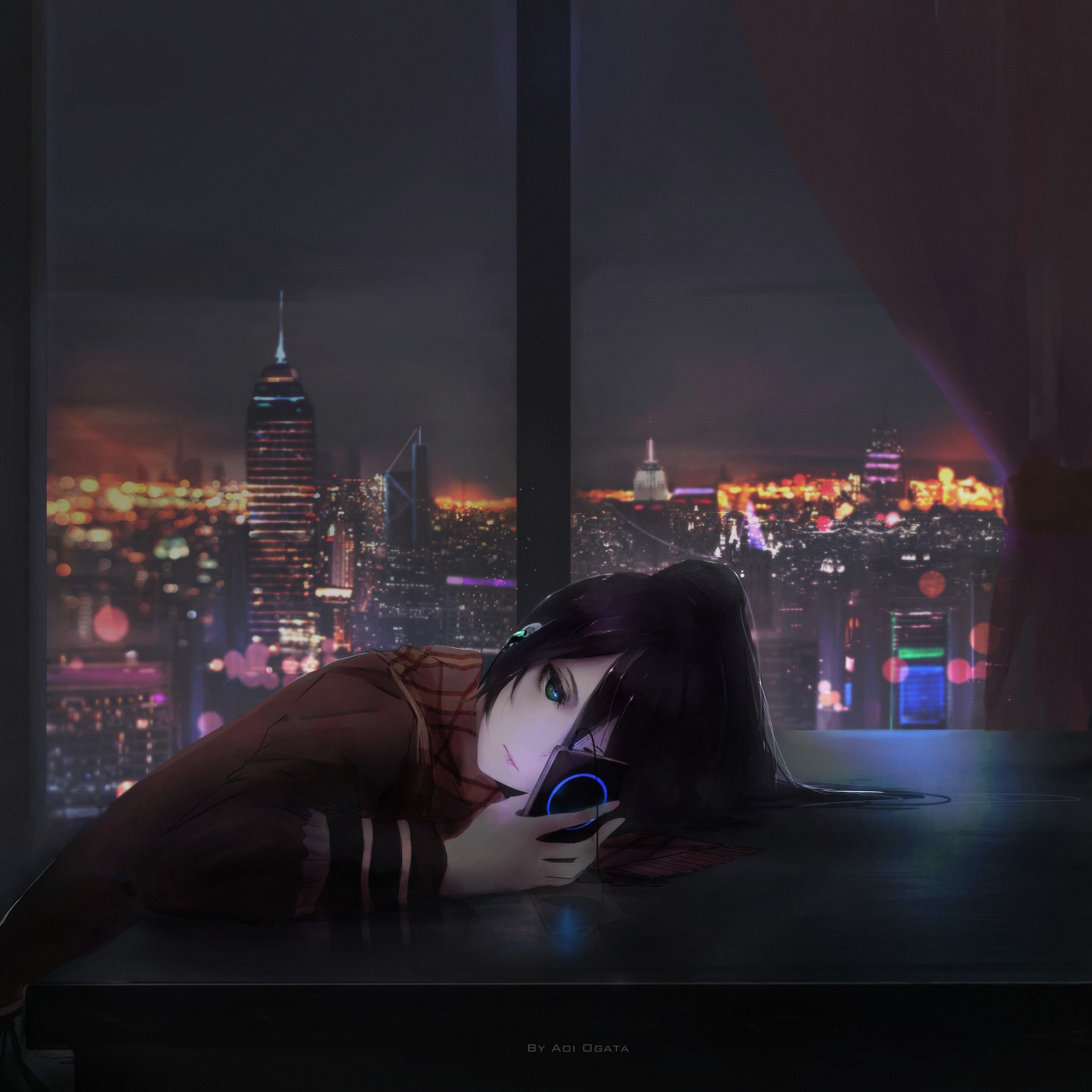 Download 3840x3840 Anime Girl, Depressed, Cityscape, Music, Scarf