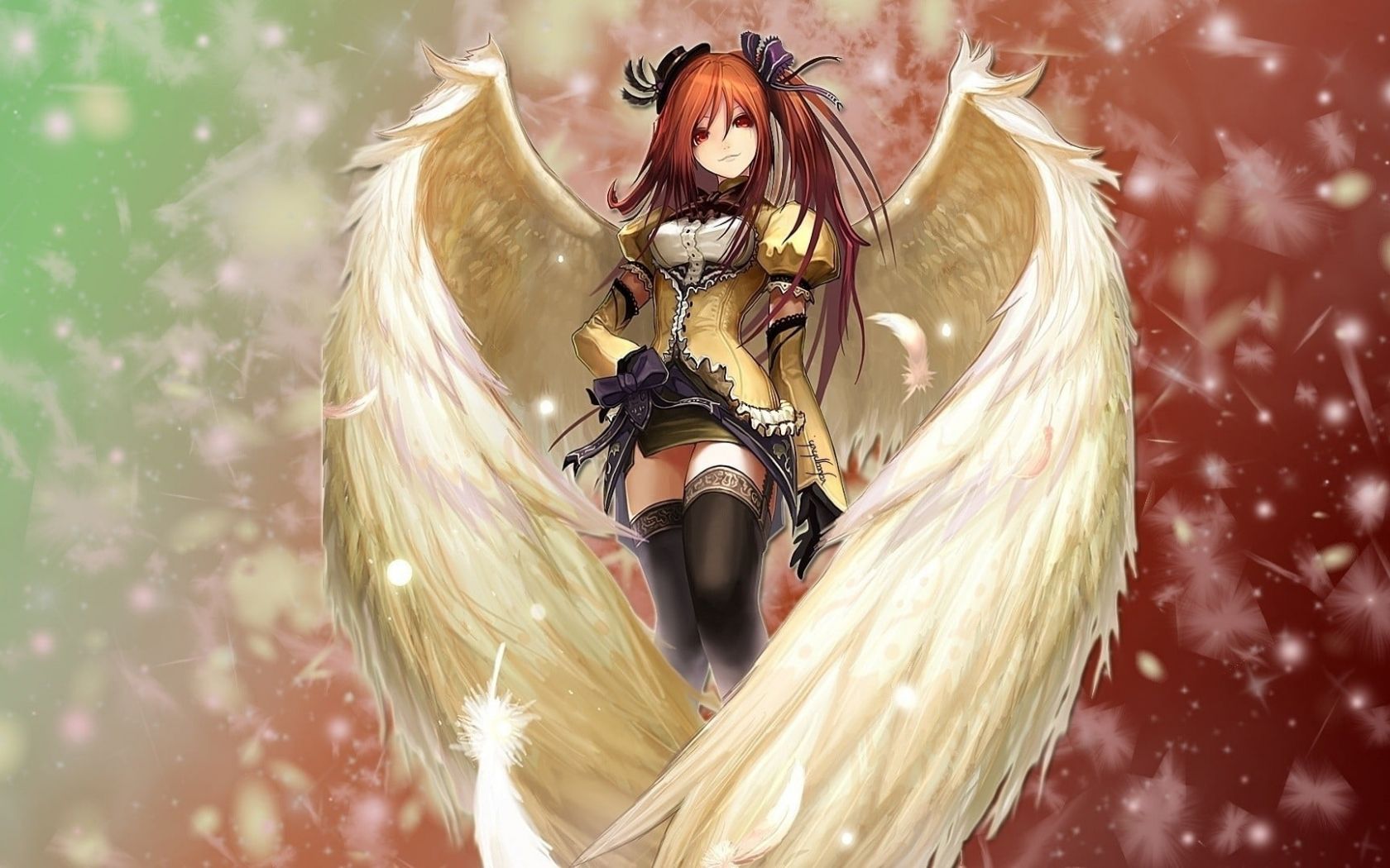 Free download Red haired winged angel anime girl illustration HD