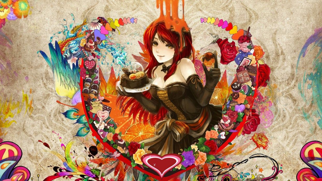 Anime girl red hair and yellow eyes with sweets wallpaper