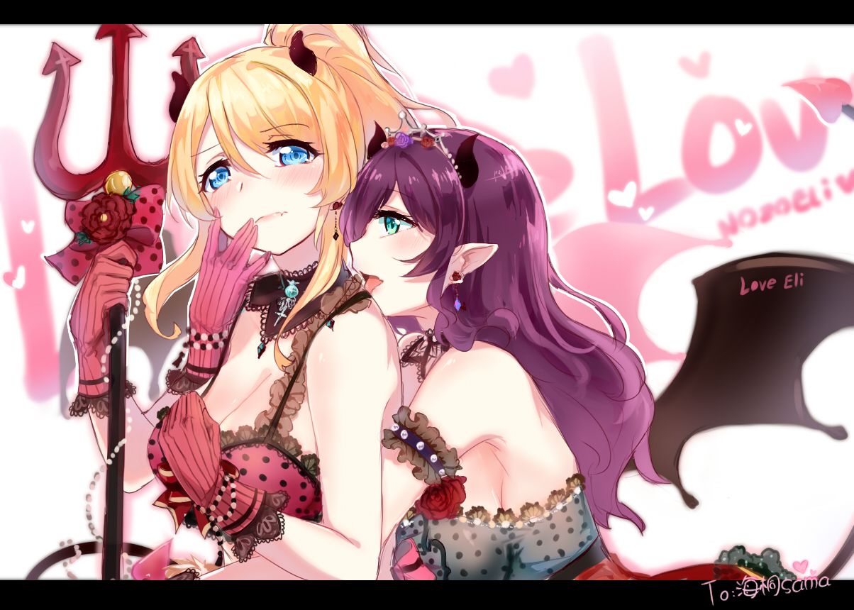 2girls ayase eri blush gloves horns love live! school idol project