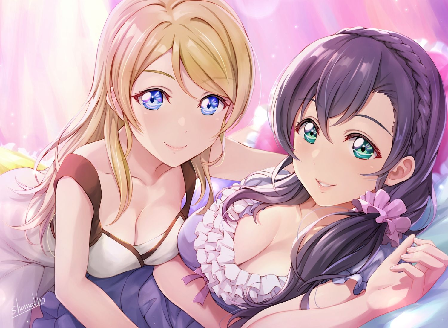 2girls ayase eri bed blonde hair braids breasts cleavage close