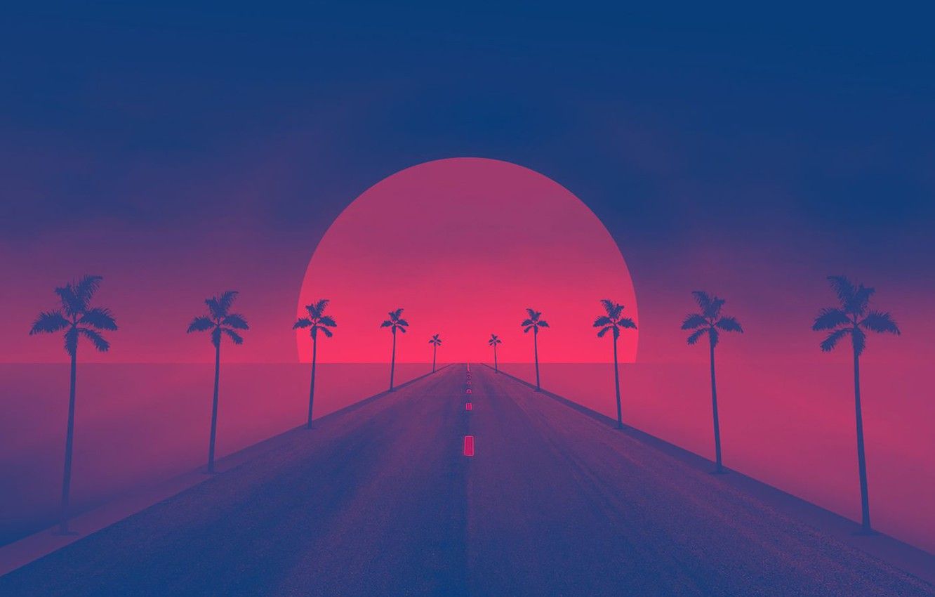Photo Wallpaper Sunset, The Sun, Road, Palm Trees, Wave