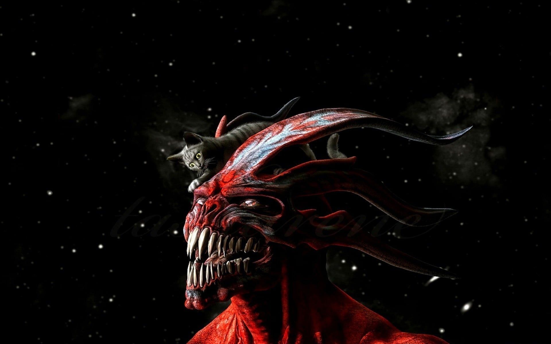 Red devil illustration, surreal, artwork HD wallpaper. Wallpaper