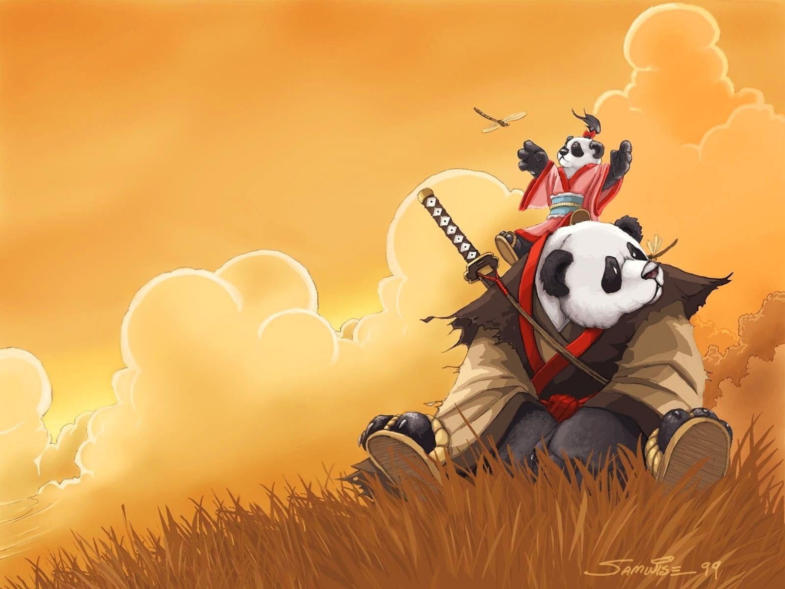 Samurai Panda illustration, anime, panda, World of Warcraft, video