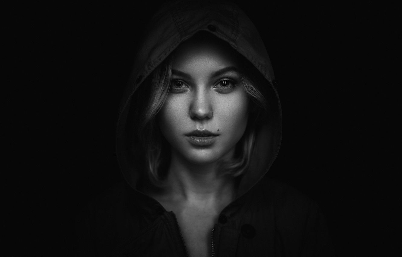Wallpaper girl, photo, white, hood, black image for desktop