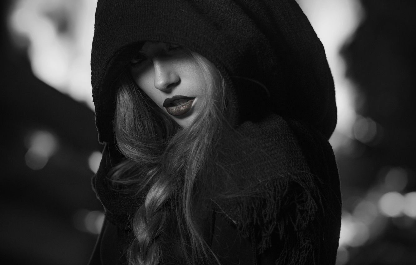 Wallpaper girl, hood, braid, black and white photo image