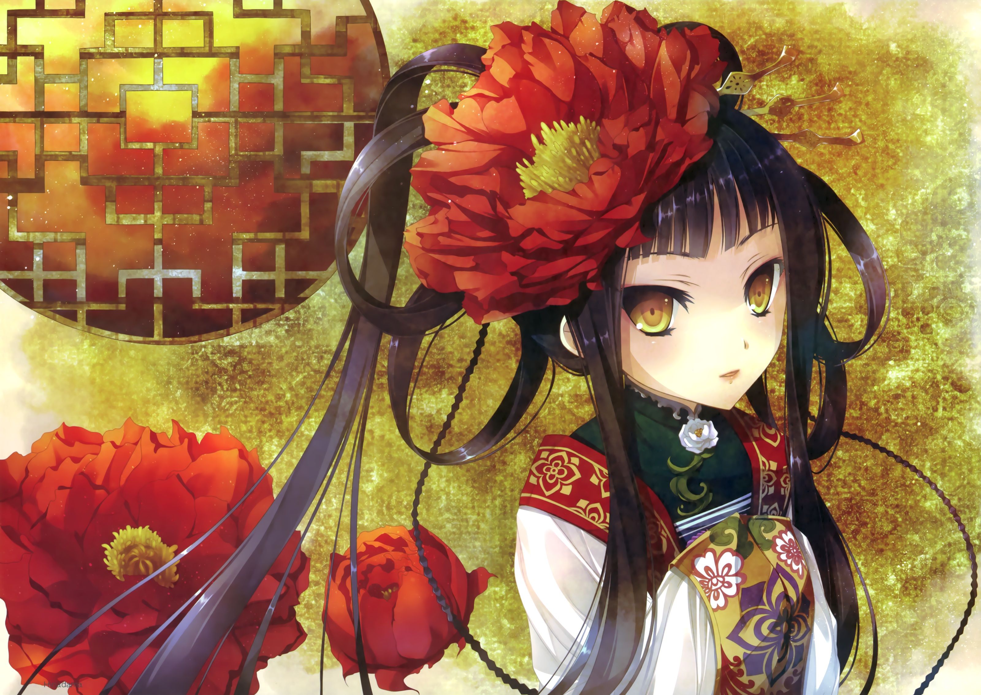 Original black hair chinese dress flowers katagiri hinata original