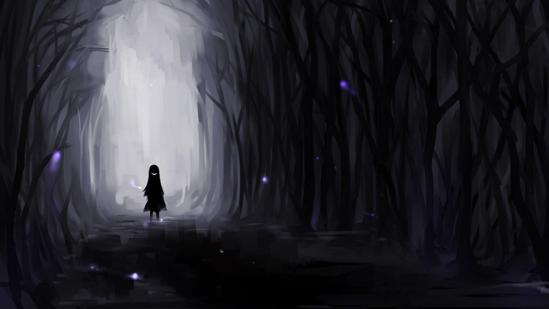 Person standing in between trees painting, anime, dark, wood