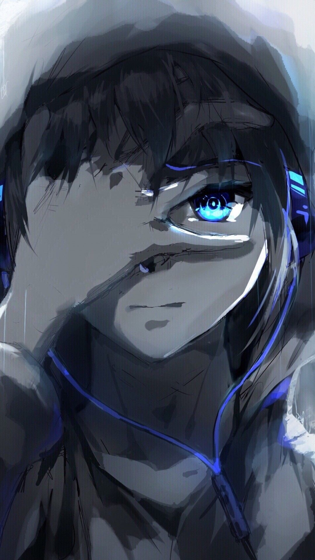 Anime Boy, Hoodie, Blue Eyes, Headphones, Painting