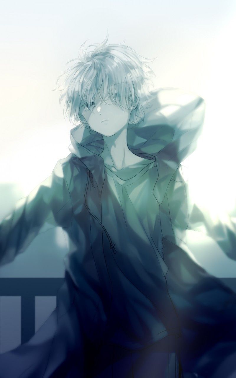 Download 800x1280 Cool Anime Boy, Hoodie, White Hair, Fence