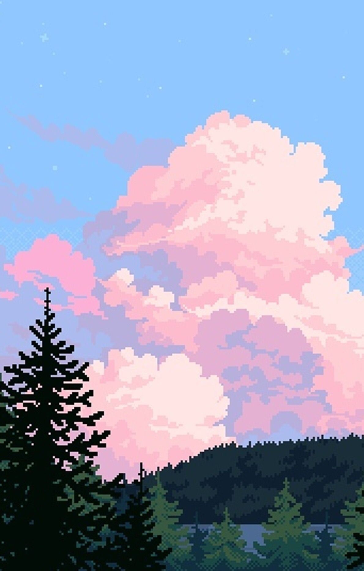 Wallpaper. Pixel. Sky. Forest. Trees. Lake. Pink. Green. Blue. Pixel art background, Scenery wallpaper, Art wallpaper