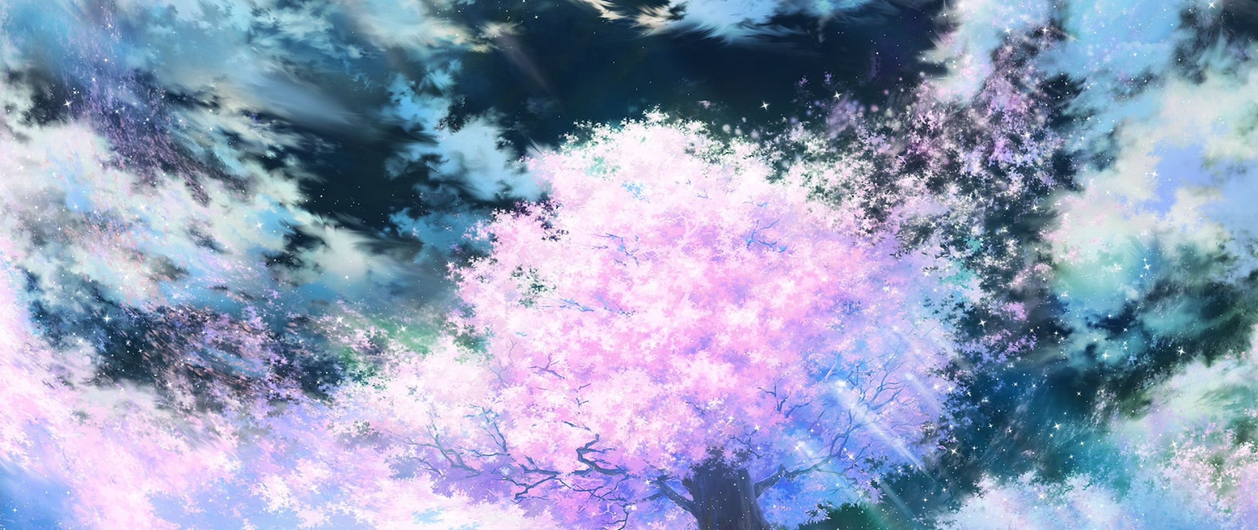 Download wallpaper 2560x1080 sakura, art, sky, anime, pink dual