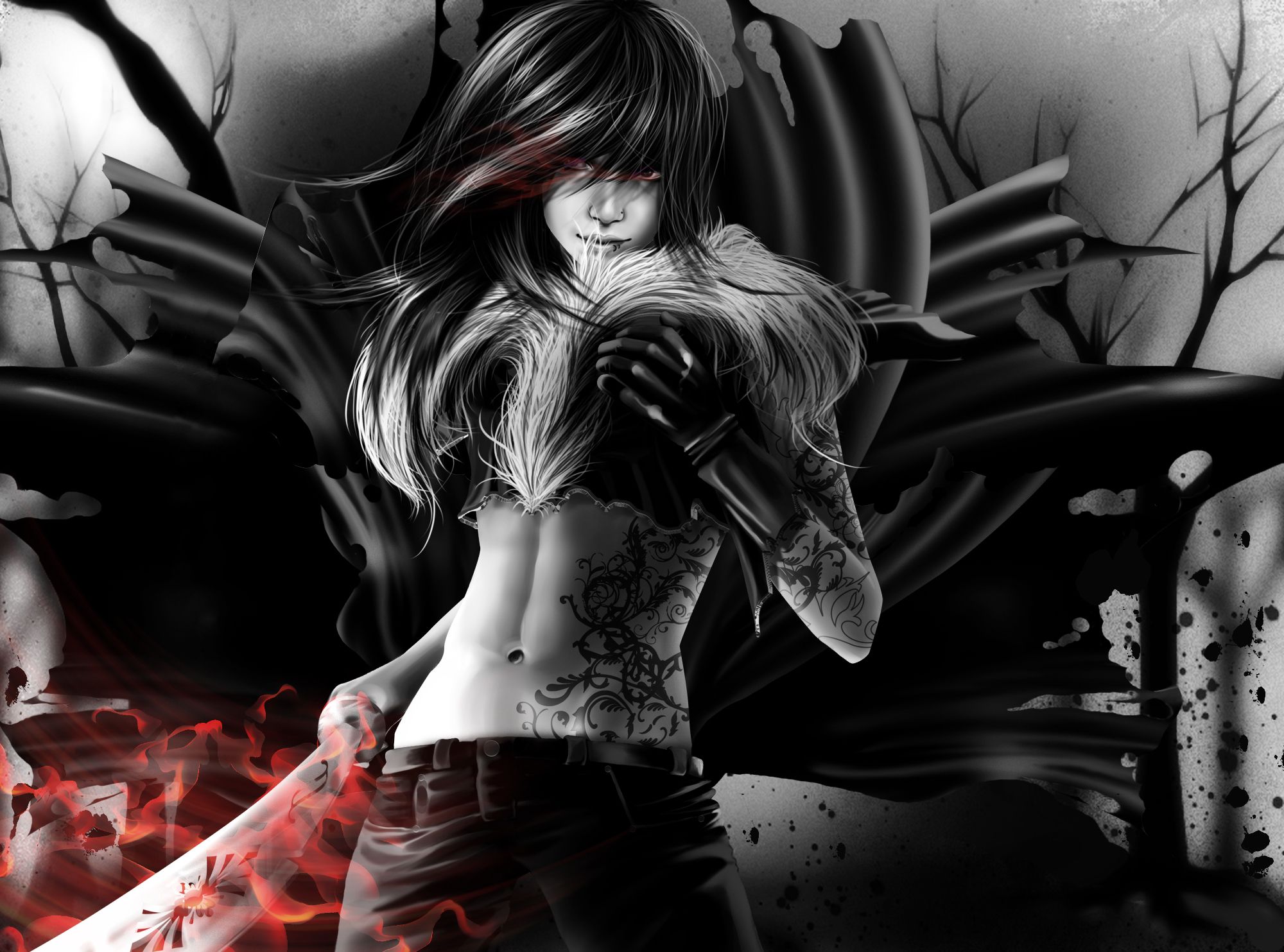 Art vampire vampire girl sword black and white tattoo gloves