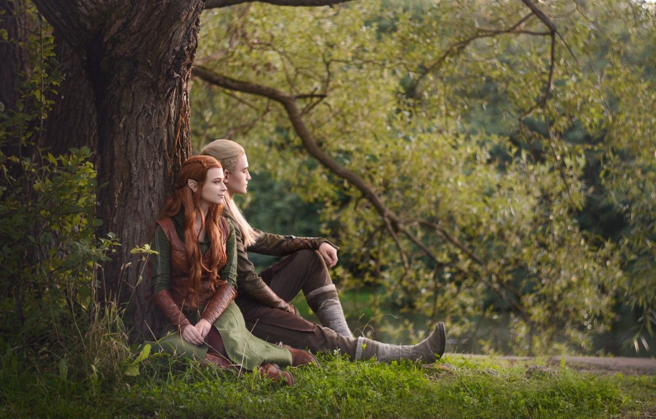 Wallpaper grass, tree, fantasy, elves, pair, cosplay, the edge