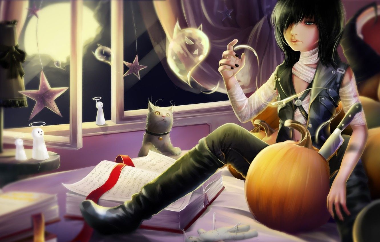 Wallpaper cat, room, the moon, books, spirit, window, art, knife, Ghost, tape, pumpkin, guy, records, halloween, stars, bandages image for desktop, section сёдзё