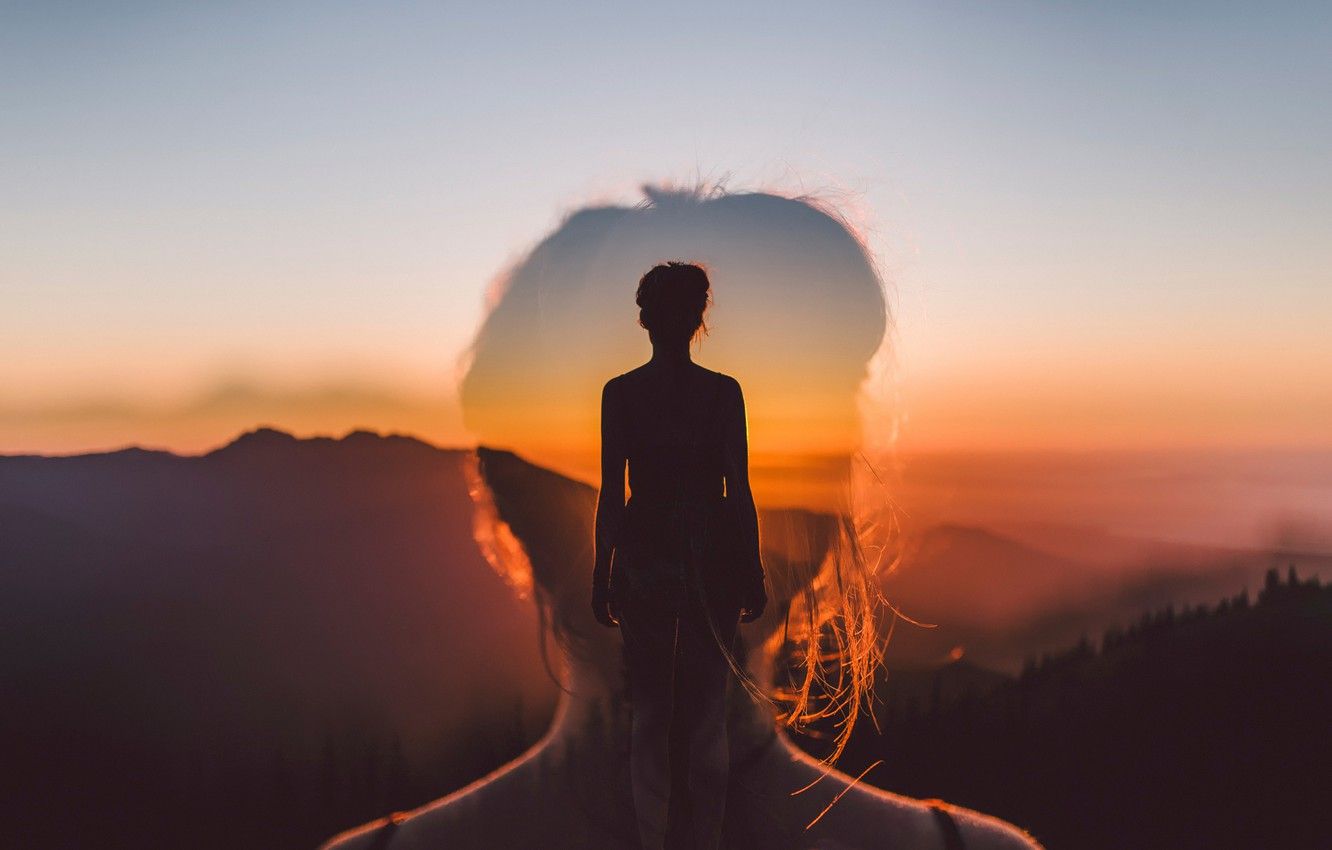 Wallpaper girl, sunset, silhouette, double exposure, Believe