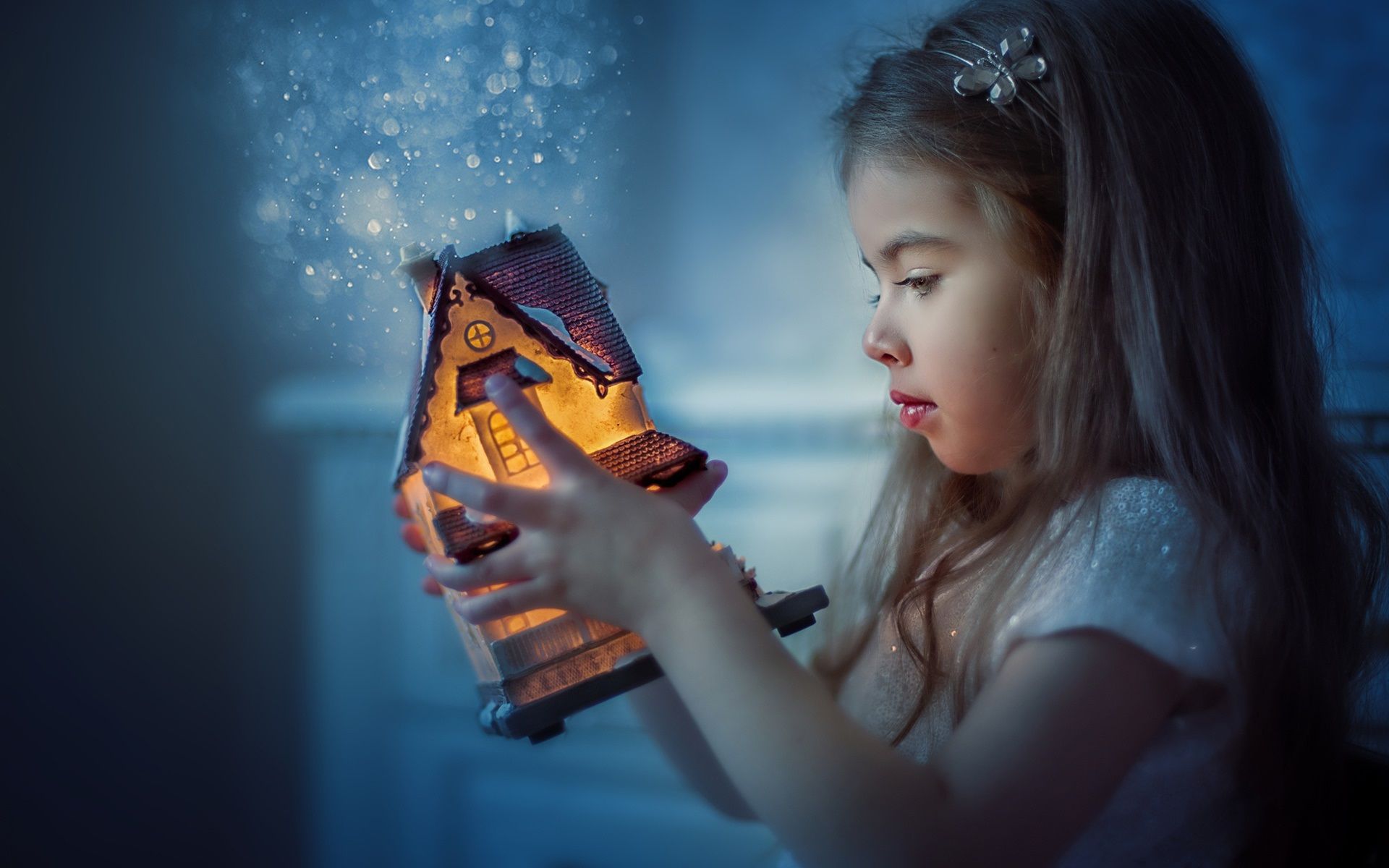 Wallpaper Cute child girl, toy house, light, magic 1920x1200 HD