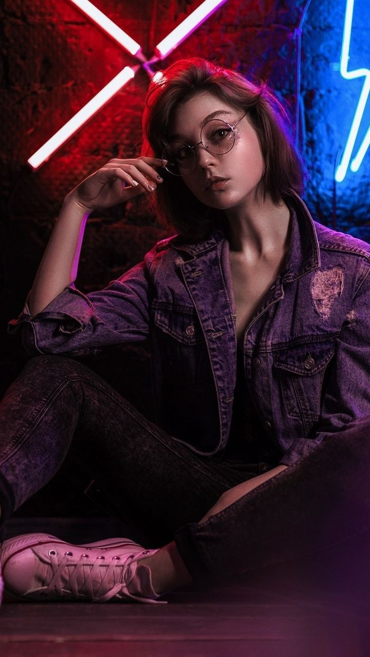 Neon lights, girl model, jeans jacket, 720x1280 wallpaper. Girl