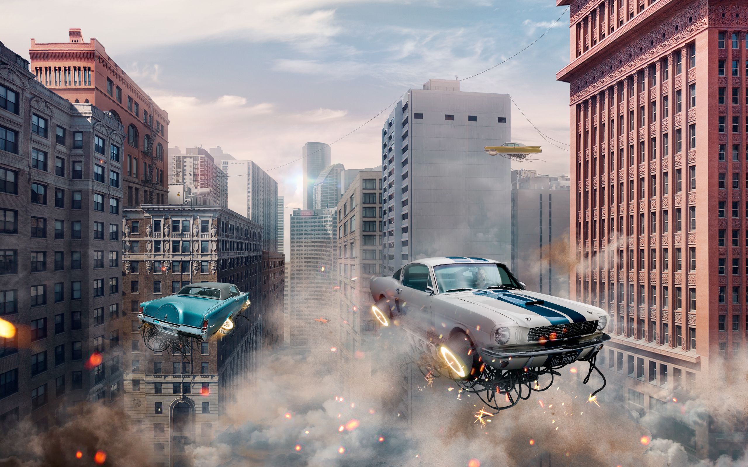 Retro Futuristic Cars Flying In The City 2560x1600