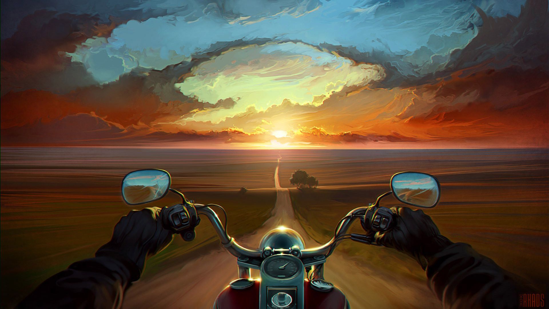 Artistic Psychedelic Motorcycle Bike Sunset Road Landscape