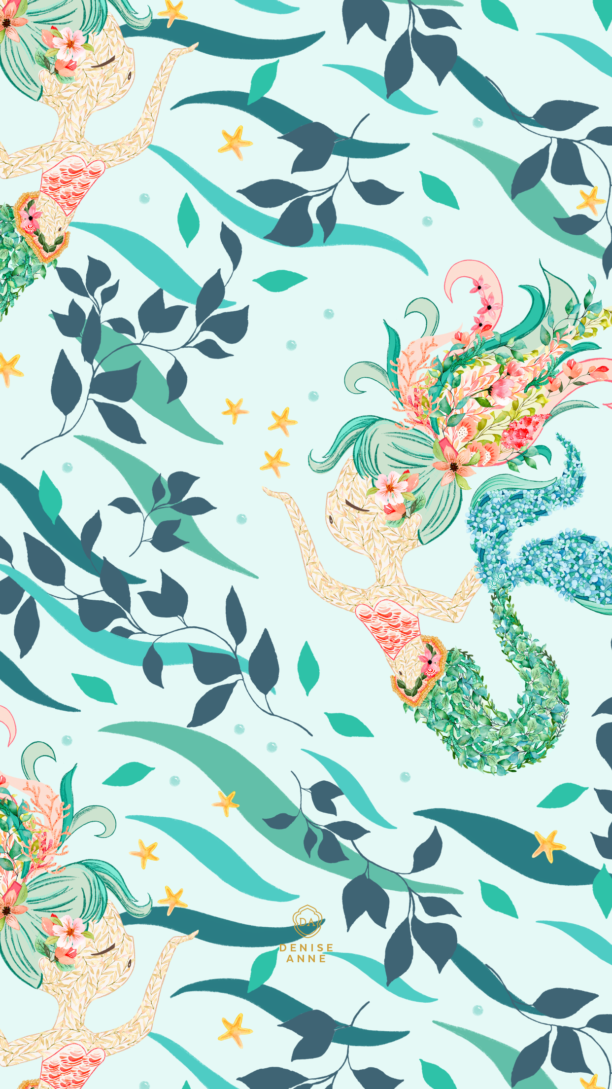 Free Mermaid and Floral Tropical Phone Wallpaper