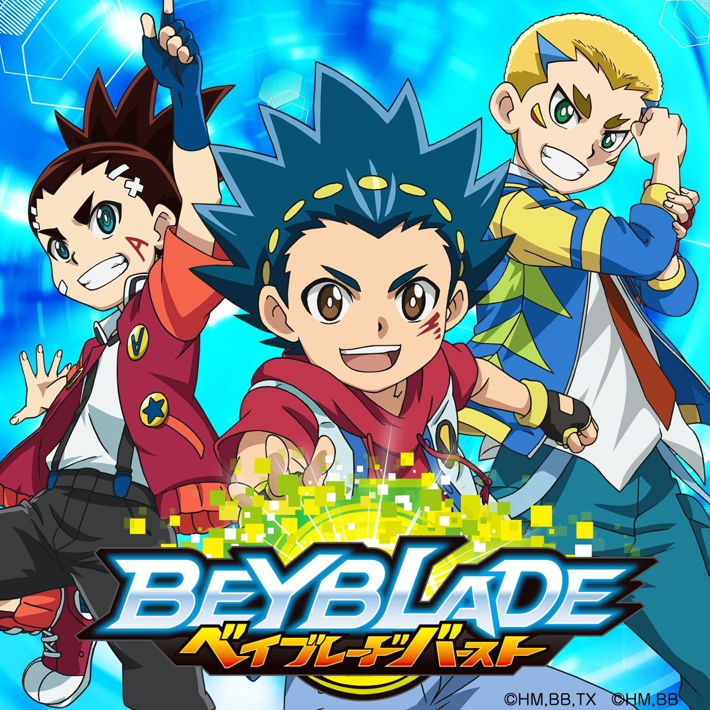 The 3 main characters of Beyblade Burst: Valt Aoi seasons 1 and 2