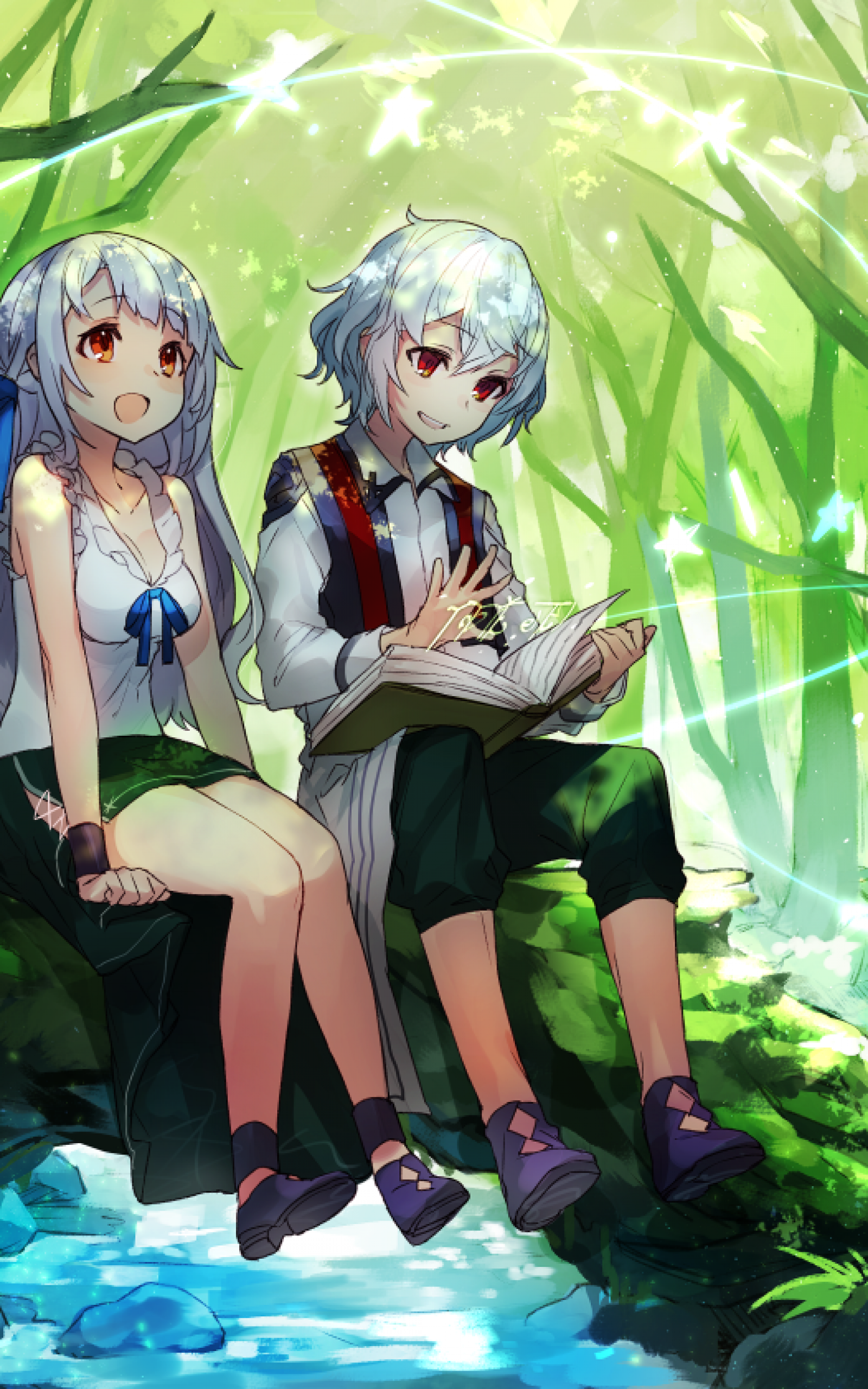 Download 1600x2560 Anime Twins, Girl And Boy, Forest, Reading A