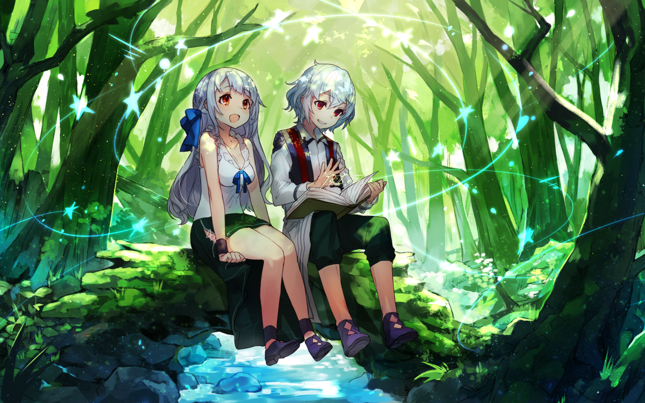 Download 2560x1600 Anime Twins, Girl And Boy, Forest, Reading A